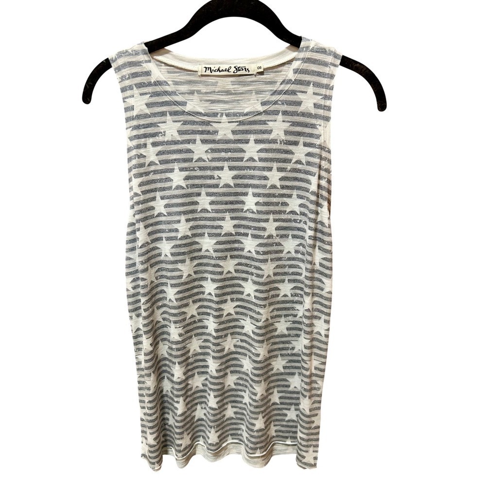 Michael Stars Womens OS Star Stripe Sleeveless Tank Top Gray White Patriotic